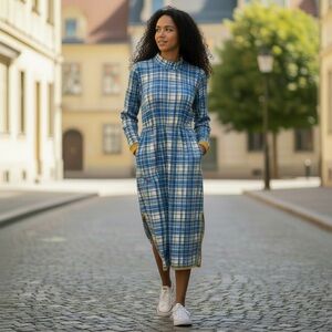 Elegant Blue Plaid Midi Dress